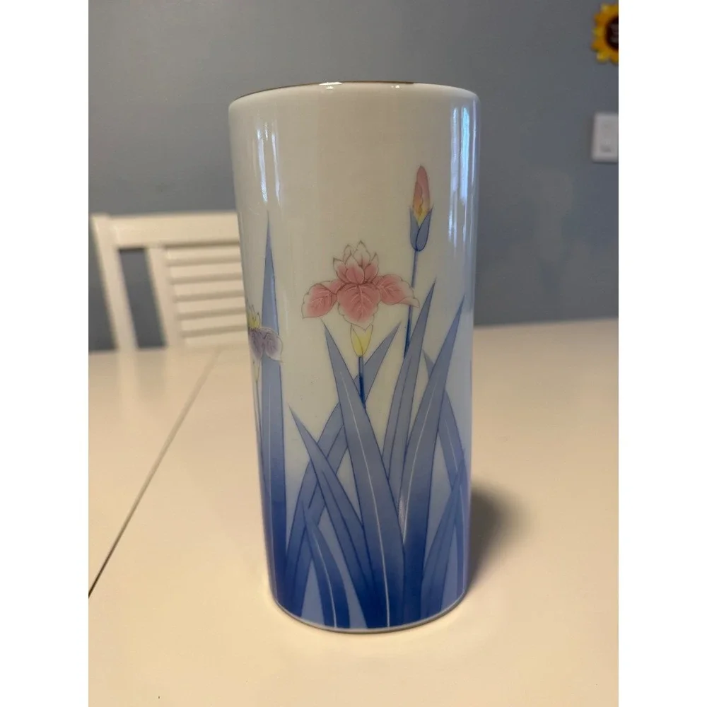 Japanese‎ Porcelain Cylinder Vase Blue Pink Iris Floral Gold Rim Signed 8 Inch